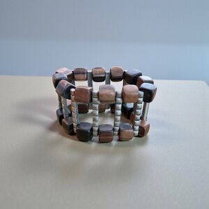 Wide stretchy Bracelet Cubed wood beads and silver tone trim
